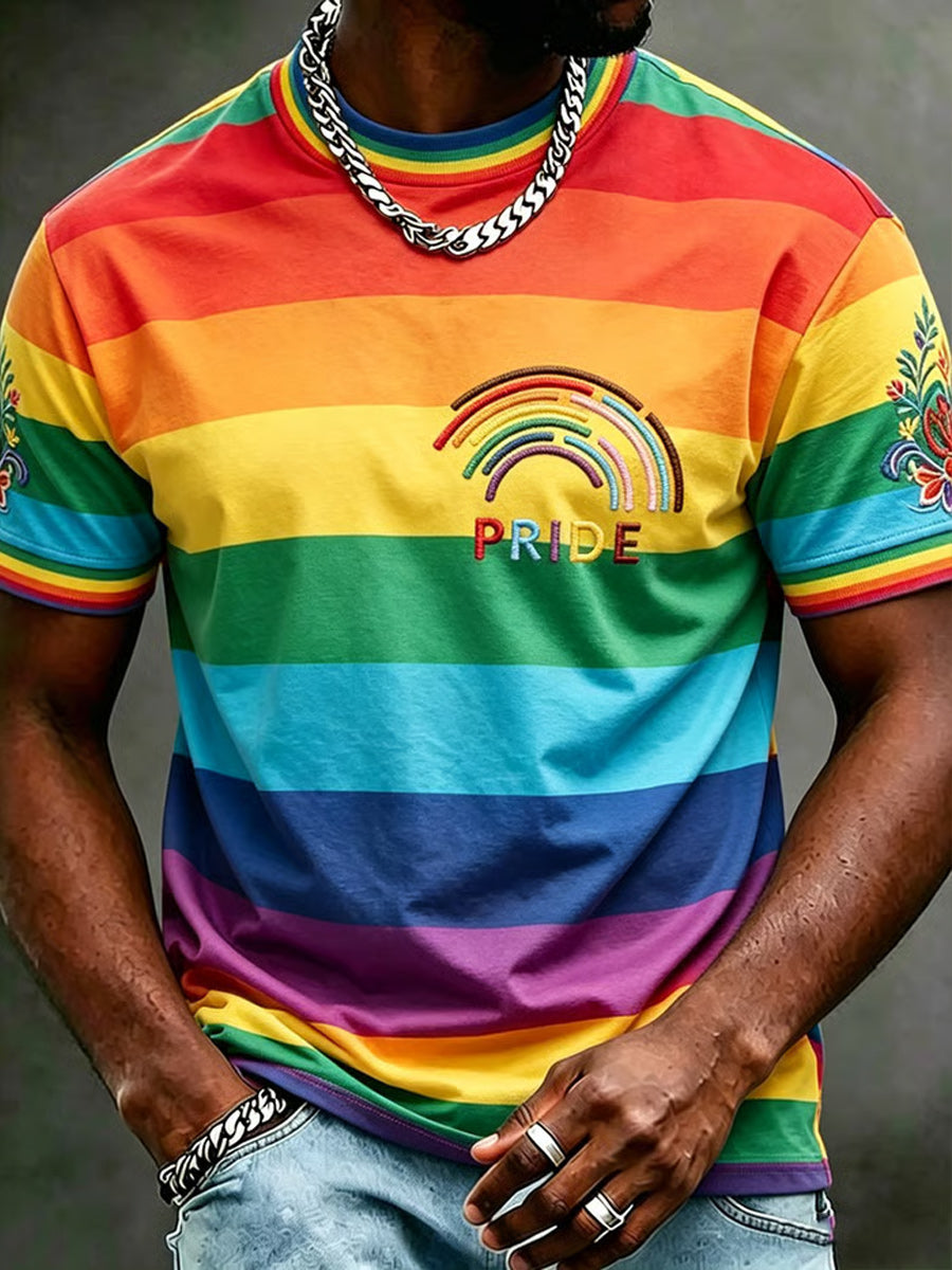 Retro Pride Month Rainbow Art Printed Round Neck Short Sleeves T-Shirt